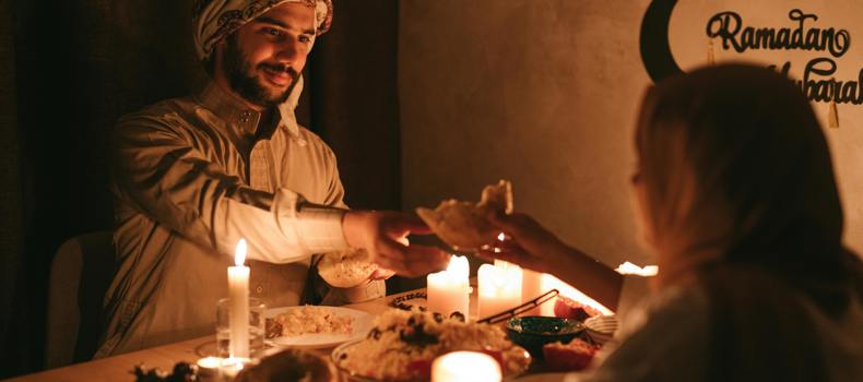 Dates and water prepared for iftar at sunset in Ramadan